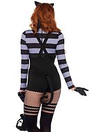 Female cat burglar, costume romper, long sleeves, suspenders, keyhole, tail, horizontal stripes